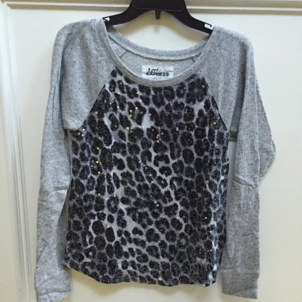 Express grey leopard sweatshirt w/ sequin overlay